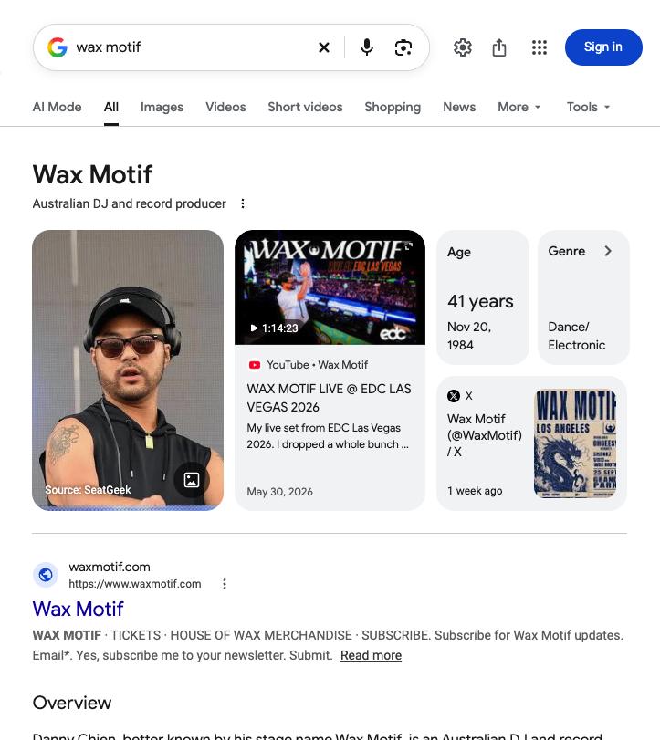 Google results for Wax Motif with a knowledge panel